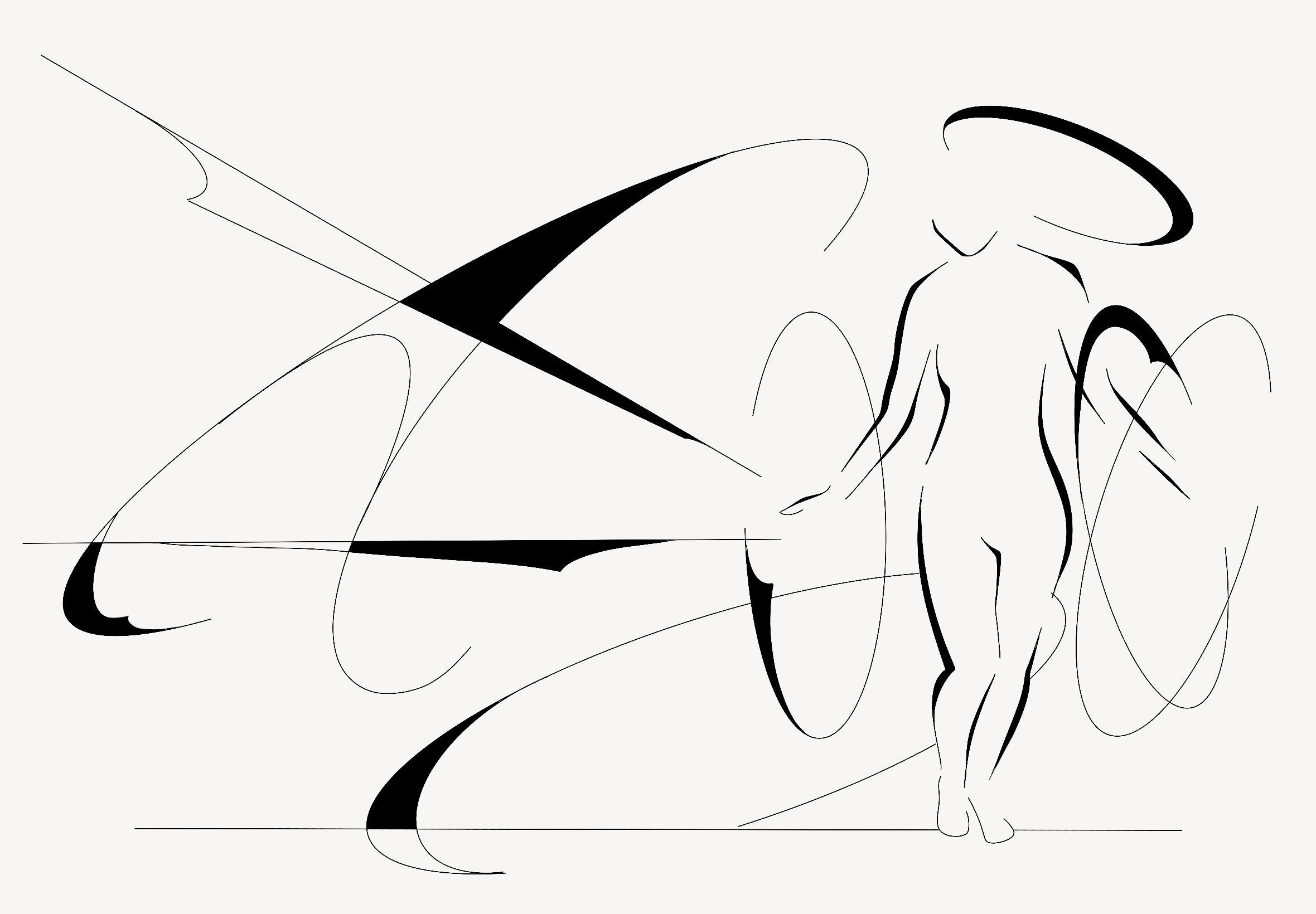 Abstract black linework artwork with sharp horizontal shard forms and a reaching figure.