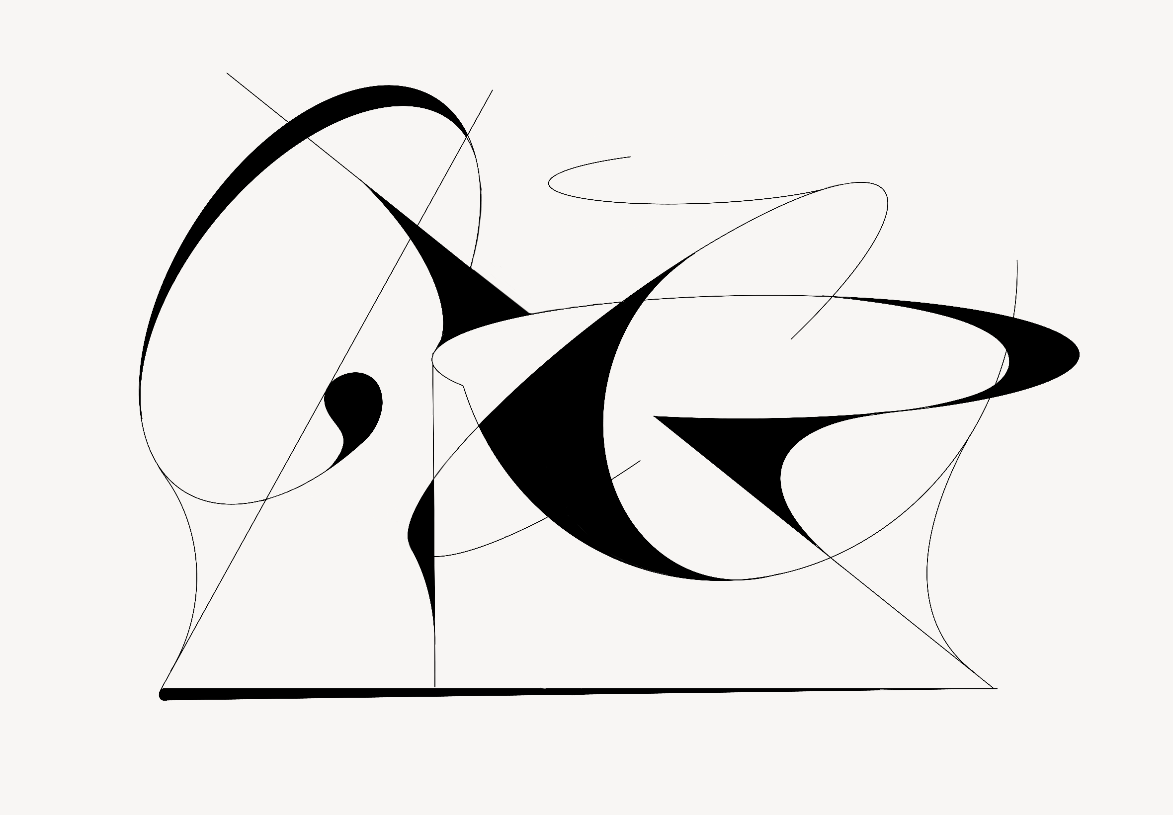 Abstract black linework artwork with a dancer figure and sweeping angular movement.