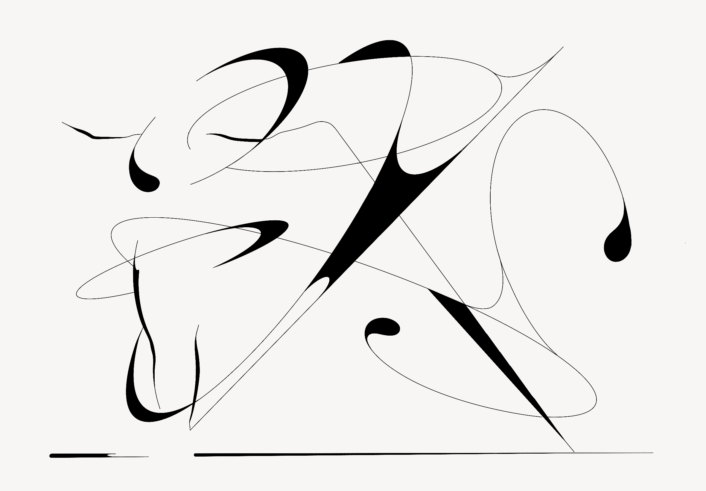 Abstract black linework artwork with circular movement and bold central forms.