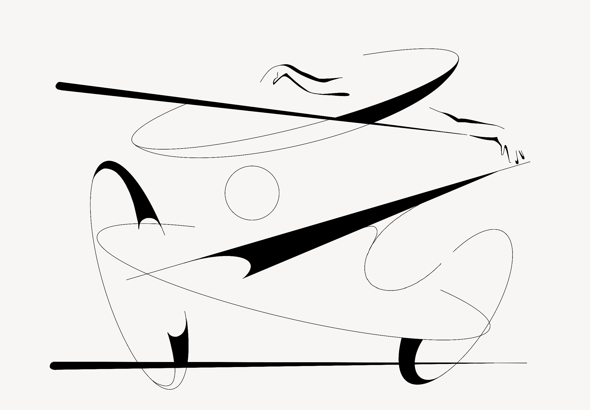 Abstract black linework artwork with long diagonal strokes and dance-like movement.