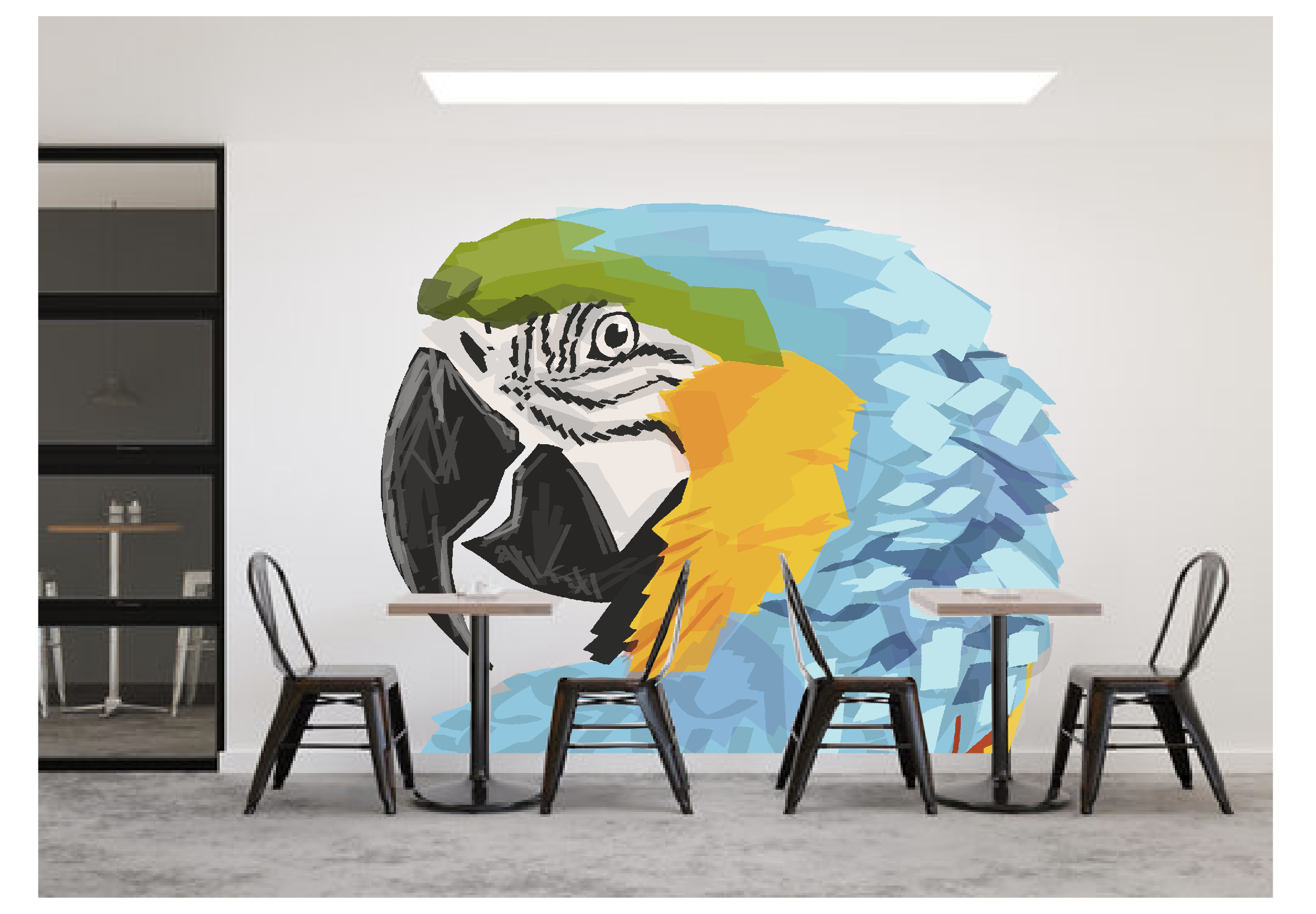 Finished full-colour parrot mural concept placed on the coffee-shop wall