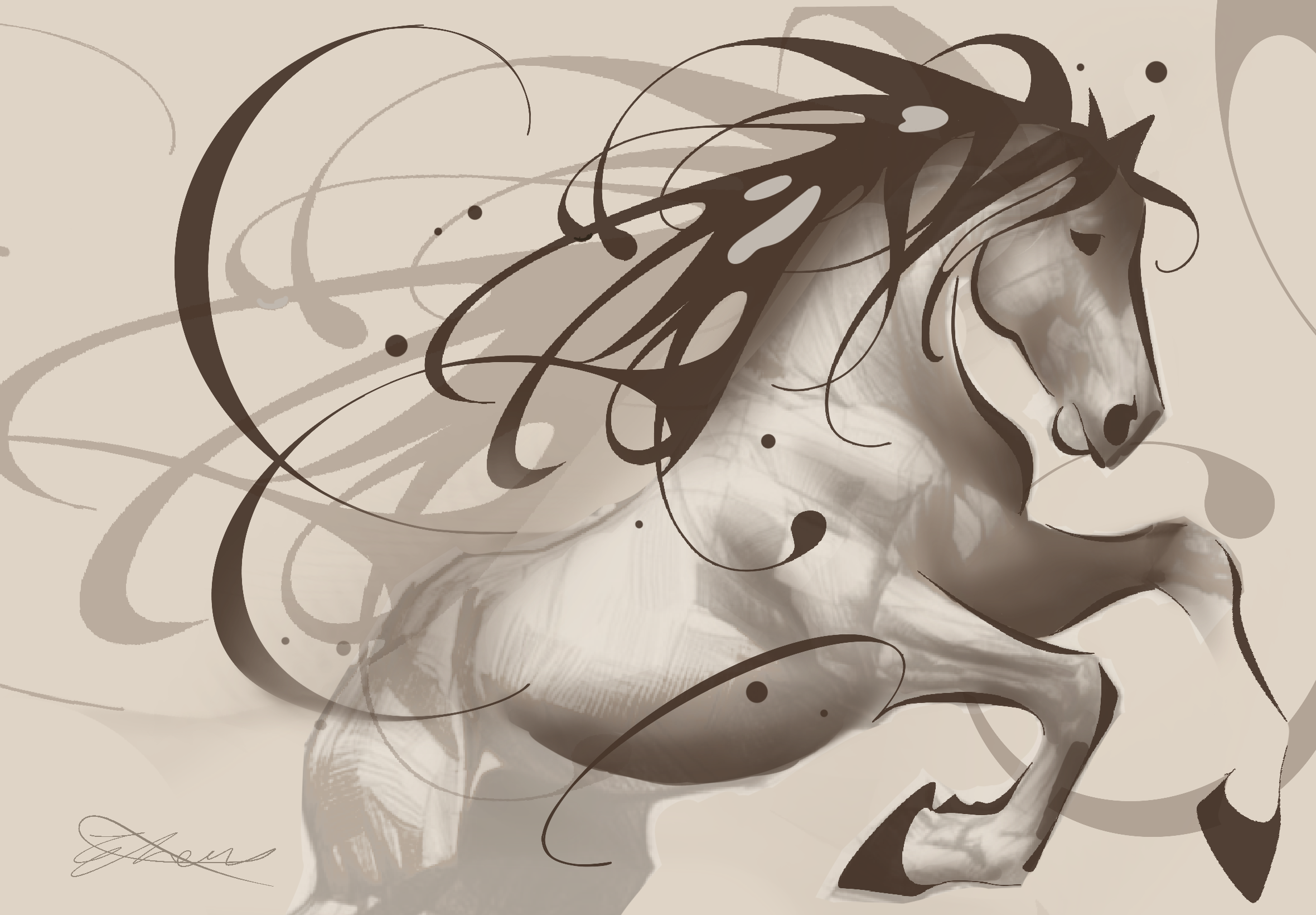 Abstract digital illustration of a horse in warm neutral tones