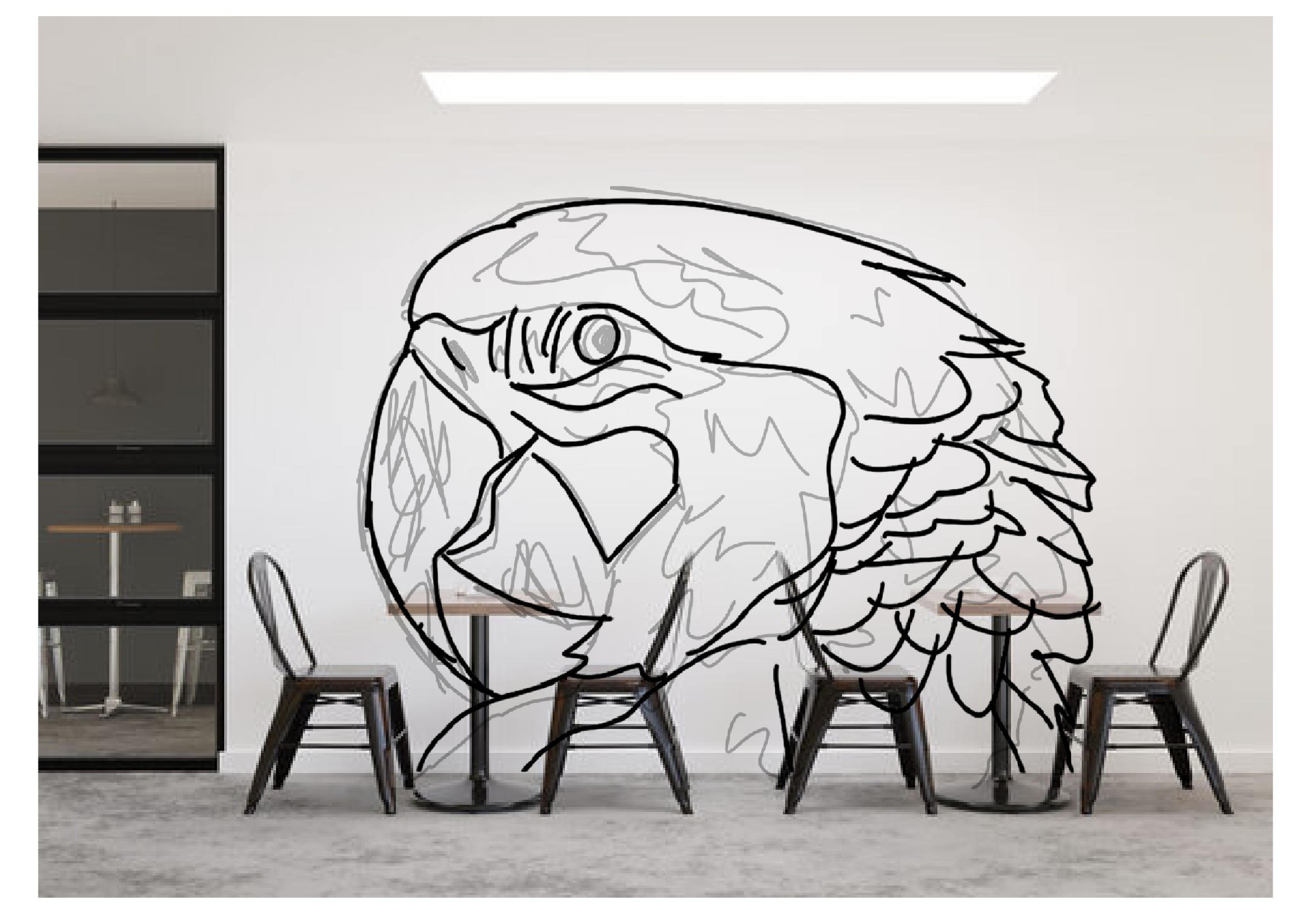 Larger line drawing of a parrot placed on the coffee-shop wall