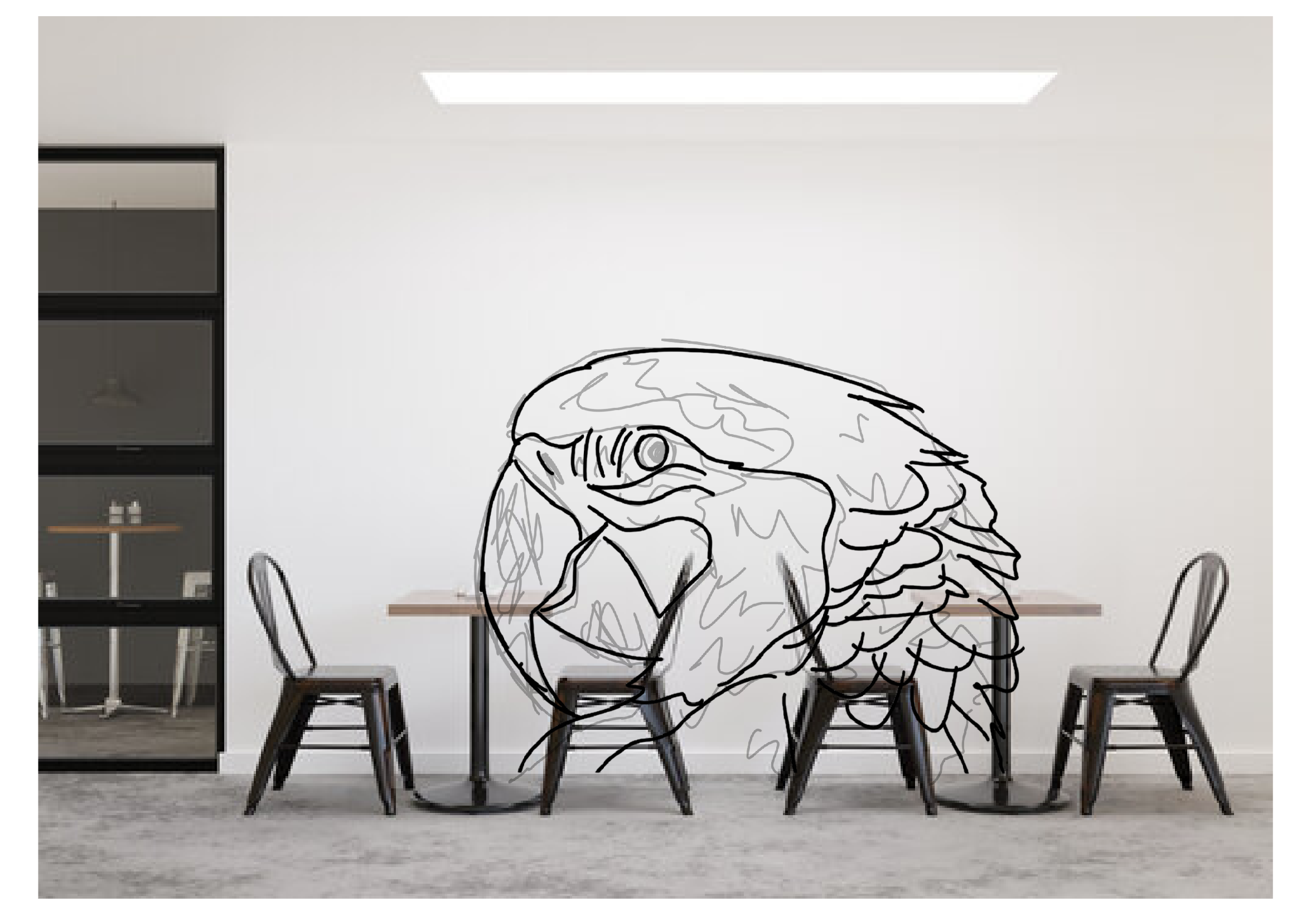 Small line drawing of a parrot placed on the coffee-shop wall