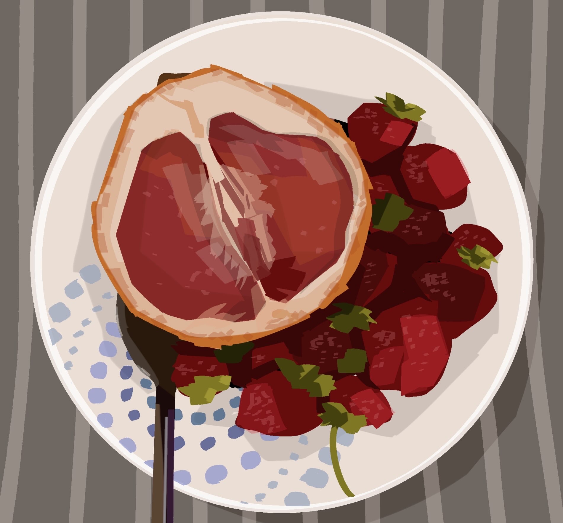Digital illustration of a bowl of strawberries and grapefruit